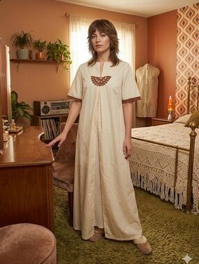 New vtg 70s Sears long ivory loungewear M housedress